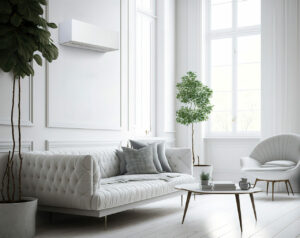 White minimalist living room interior with sofa on a wooden floo