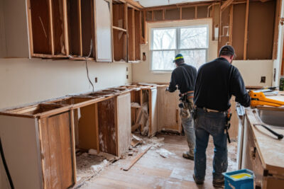 Dismantling the old kitchen before renovation.