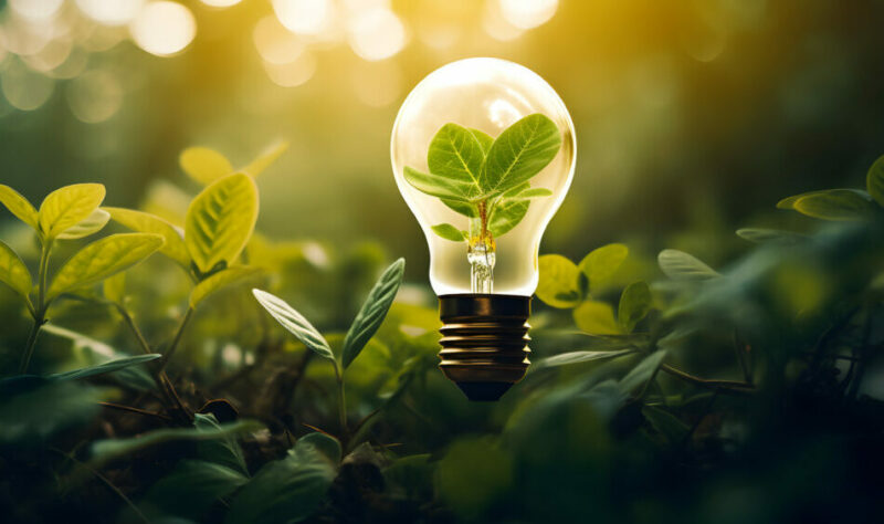 Hand holding light bulb against nature on green leaf with energy sources, Sustainable developmen and responsible environmental, Energy sources for renewable, Ecology concept.